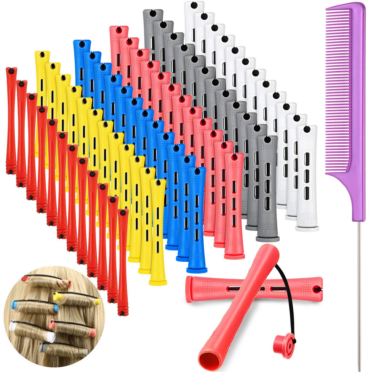 WILLBOND front view of 72-piece perm rods kit showing color-coded discs and comb for easy selection