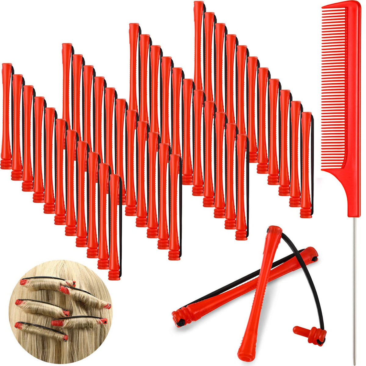 WILLBOND front pack showing 48 red rods and comb for easy heatless styling