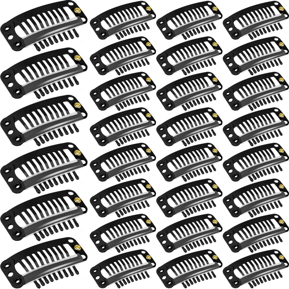 WILLBOND front view of 30 black snap hair extension clips shows full kit for DIY convenience