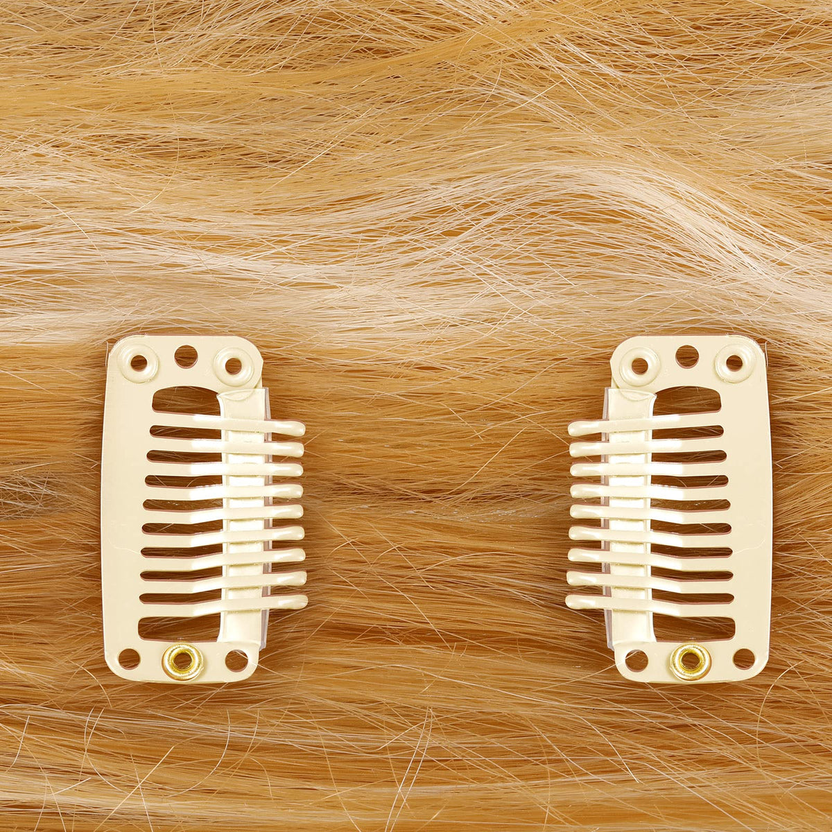 WILLBOND metal clip sewn onto weft showing sew-in installation benefit