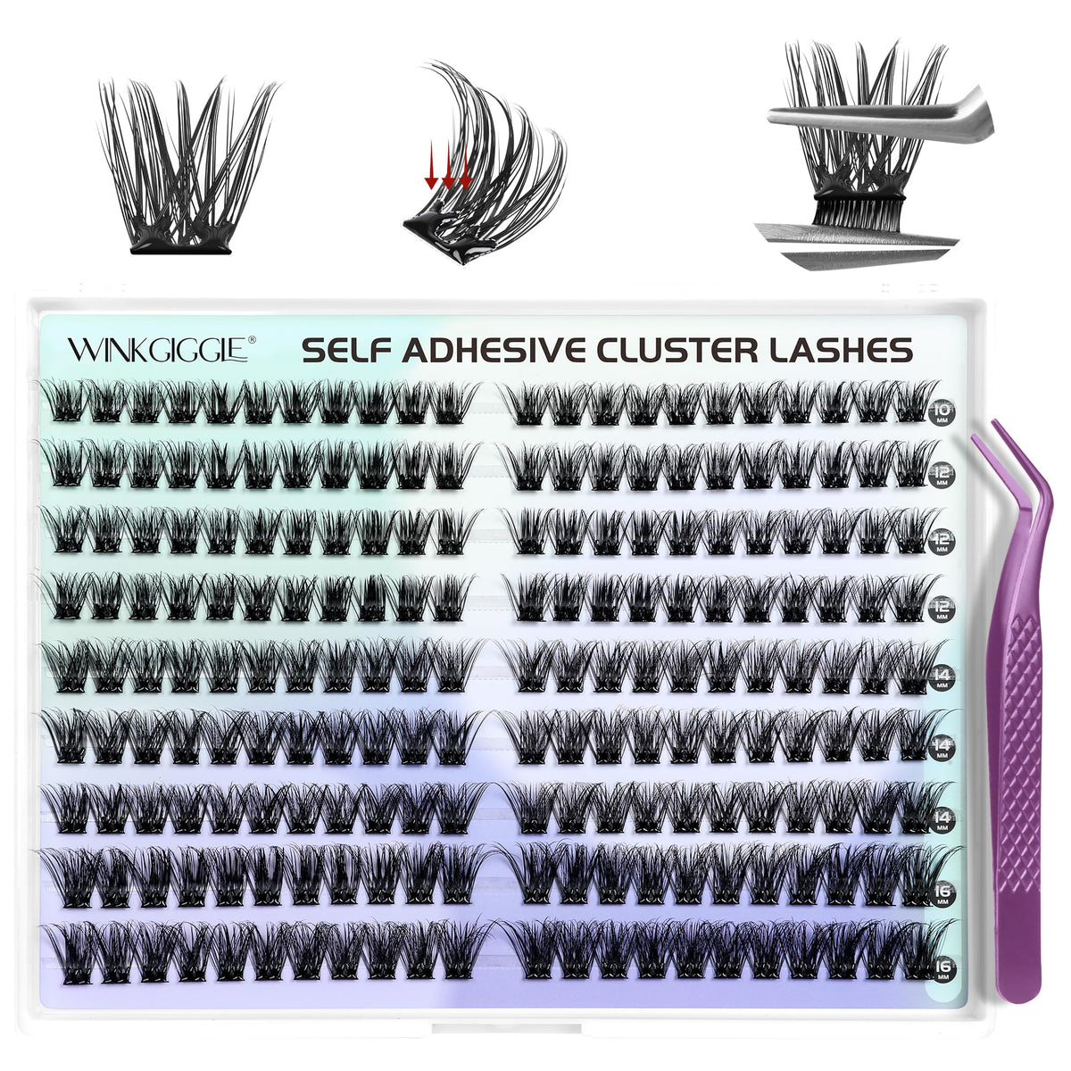 WINKGIGGLE front packaging showing 216 pre-glued clusters and included tweezer for value