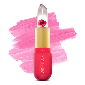 Winky Lux front tube showing pink tinted balm and visible chrysanthemum, pretty presentation