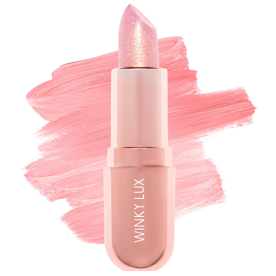 Winky Lux front view of Rosé Glimmer Balm showing compact packaging and quick color option