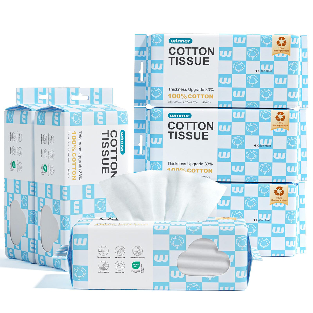Winner front packaging showing six hangable pouches and 480 towels benefit convenience