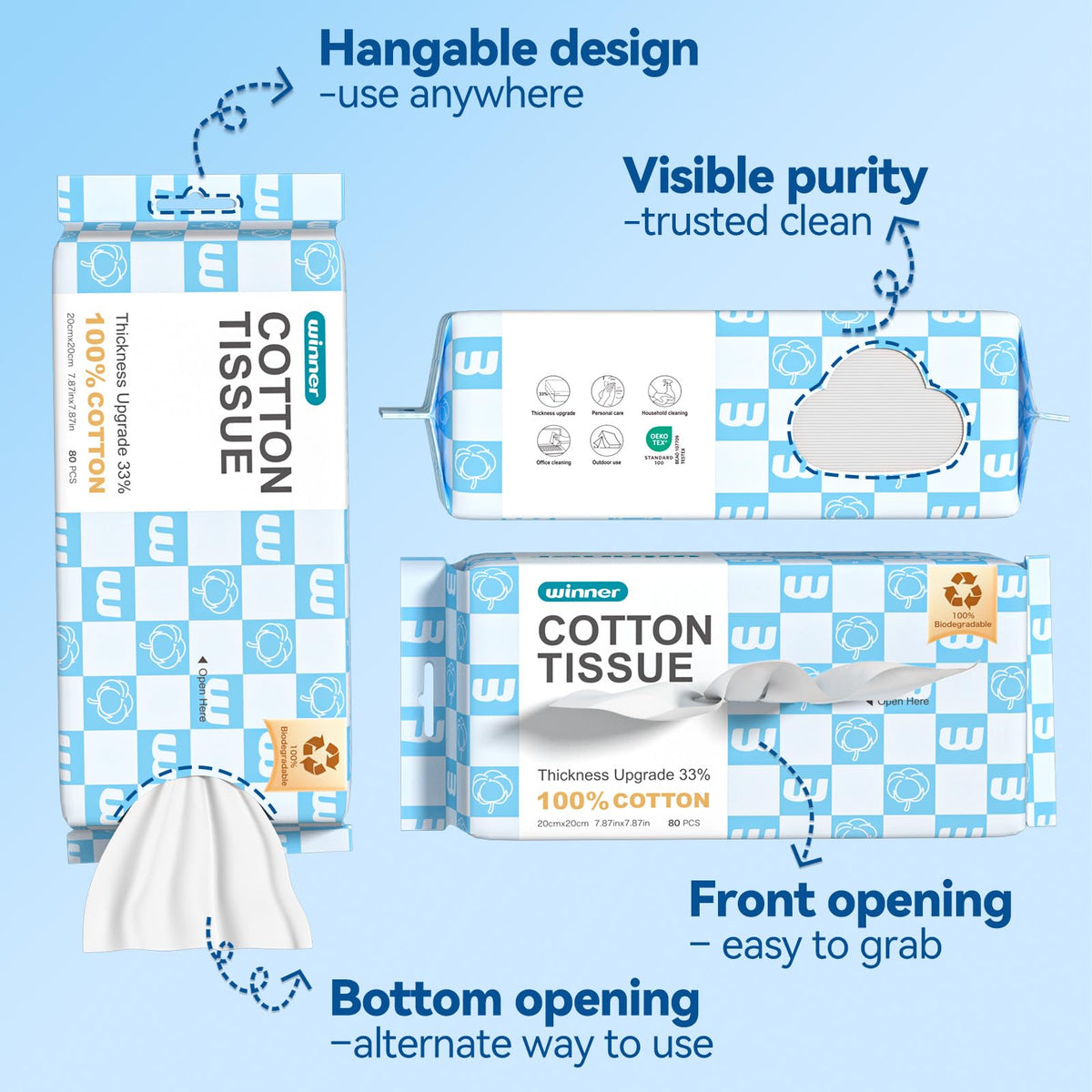 Winner pack label close-up highlighting 100% cotton and USDA biobased content benefit