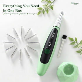 Wiocv charging cable plugged into device showing rechargeable convenience benefit