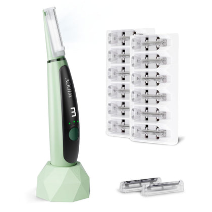 Wiocv dermaplane razor front view showing ergonomic green handle and LED benefit