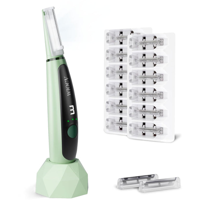 Wiocv dermaplane razor front view showing ergonomic green handle and LED benefit