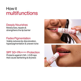 WishCare lip swatch on model showing sheer tint and natural finish benefit