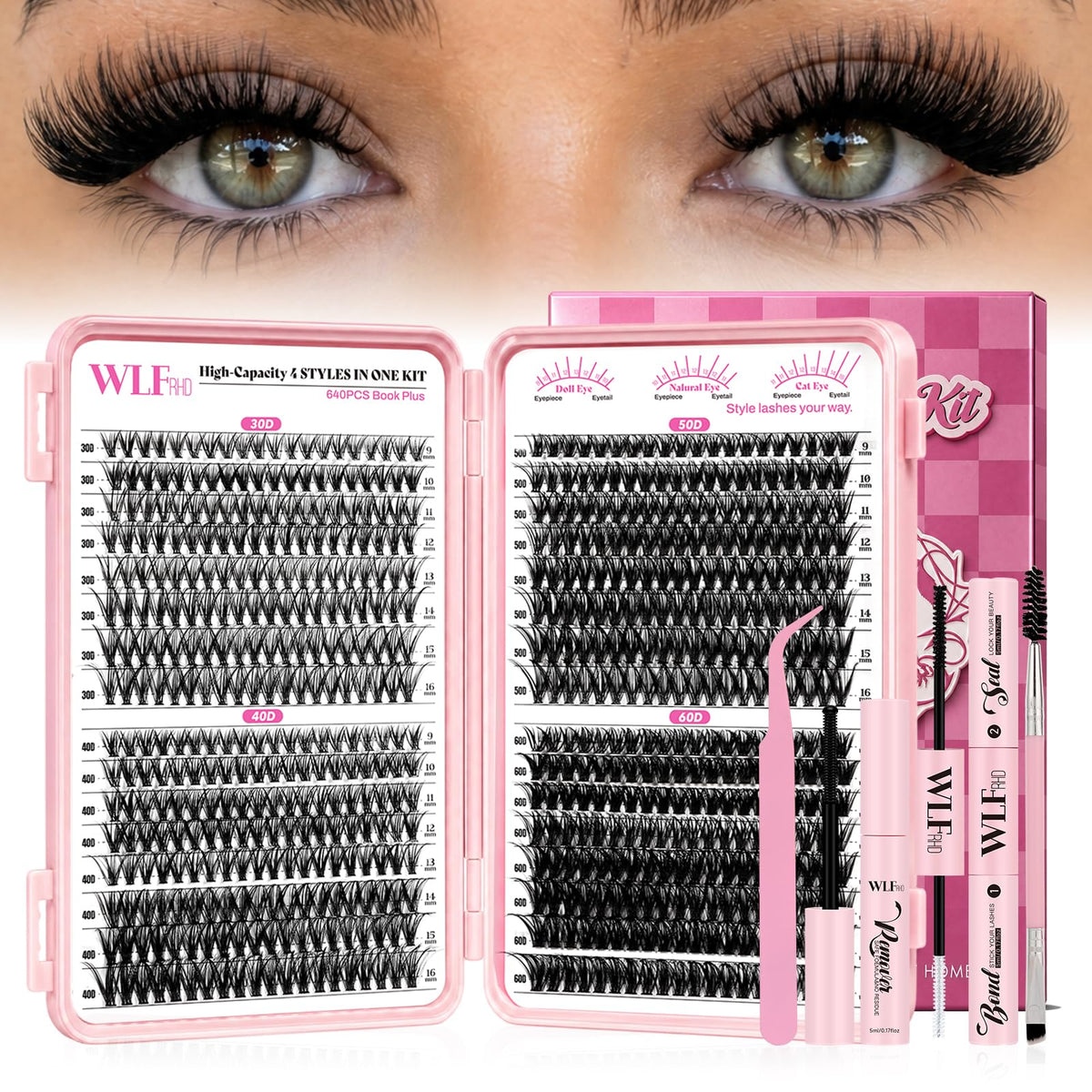 WLFRHD front packaging showing full 640-piece lash clusters kit and tools for versatile styling