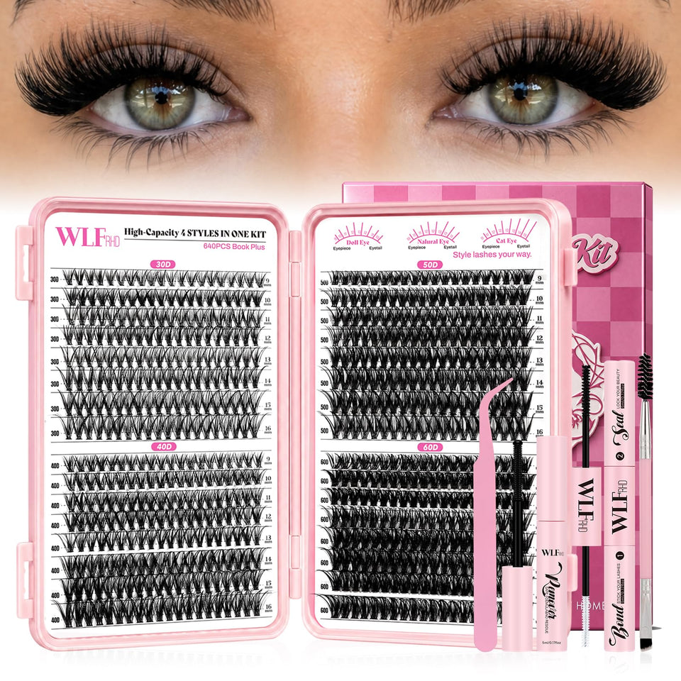 WLFRHD front packaging showing full 640-piece lash clusters kit and tools for versatile styling