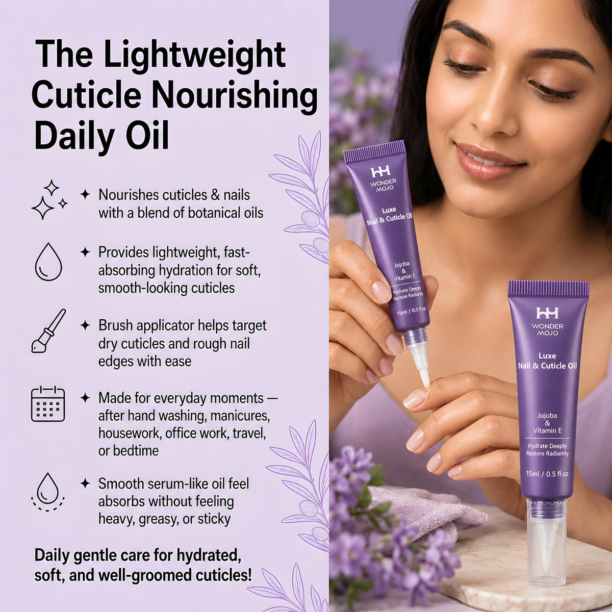 WM WONDER MOJO oil texture on skin highlighting lightweight absorption benefit