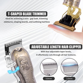 WMZR clipper with four combs laid out showing length options and quick selection