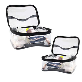 Wobe pouches on bathroom shelf illustrating tidy storage and visibility benefit