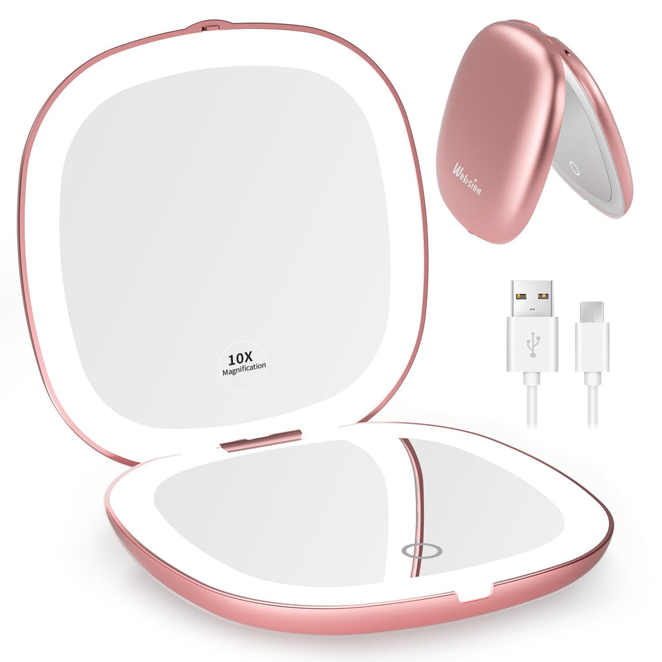 WOBSION front view rose gold mirror showing elegant compact design and portability