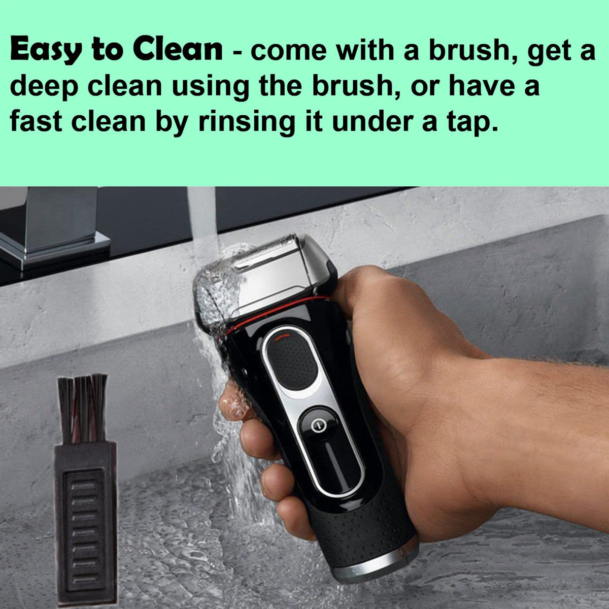 WOERGG replacement head in bathroom setting showing wet and dry shaving convenience