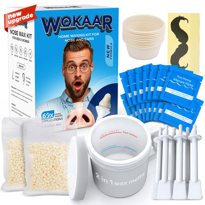 Wokaar front packaging showing complete nose wax kit and contents for easy at-home grooming
