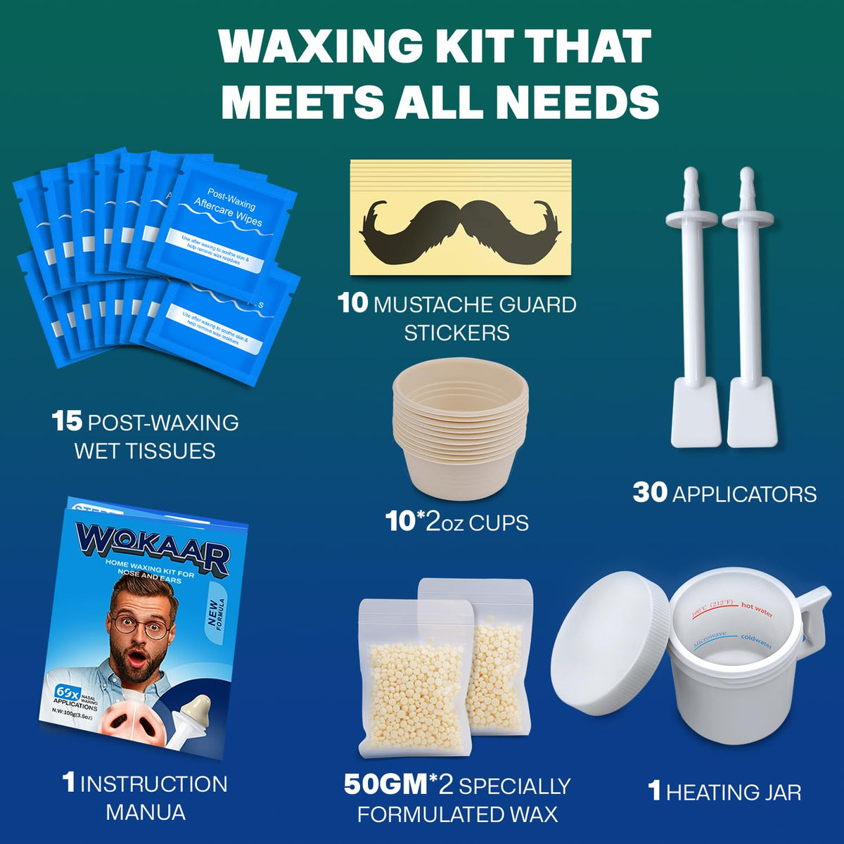 Wokaar closeup of pre and post-wax wipes and tools to show gentle skin care benefits