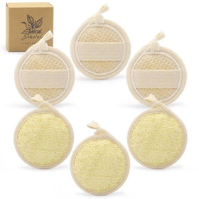 wokelai front view of six loofah pads showing packaging and eco benefits