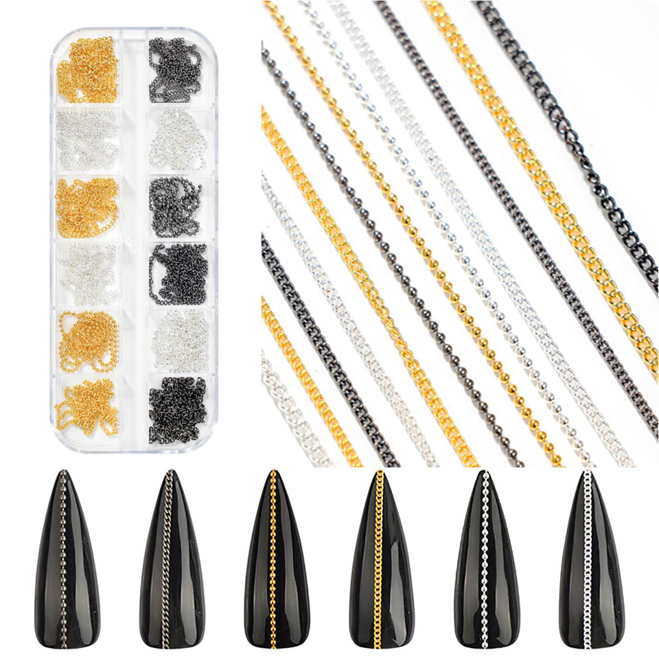WOKOTO front packaging of 12 metallic nail chains showing variety and styling options