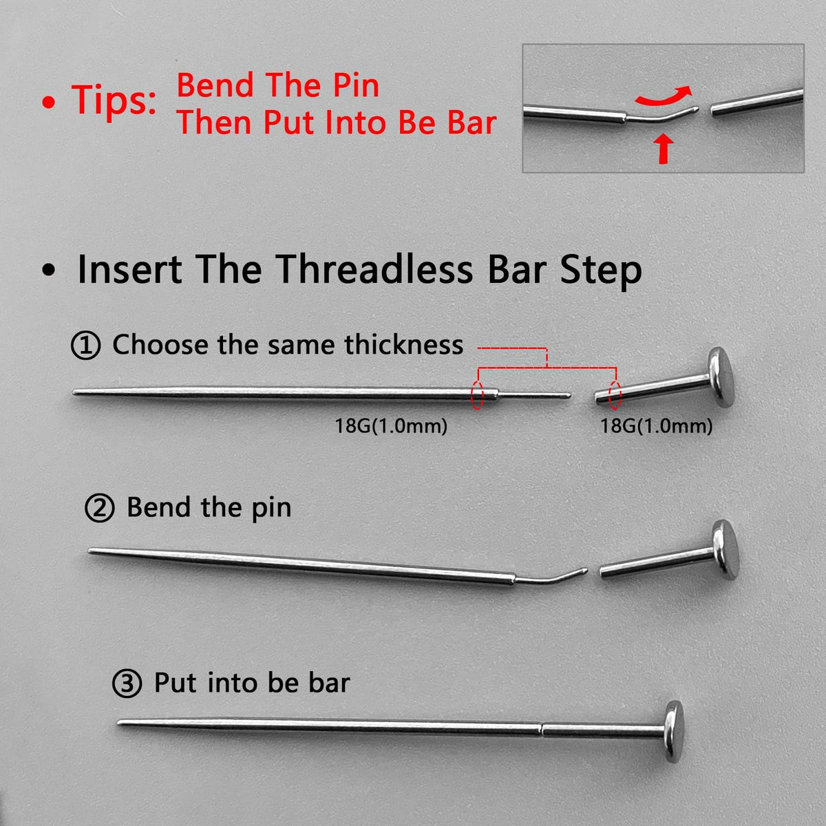 WOLAYI curved and straight insertion pins displayed to match piercings
