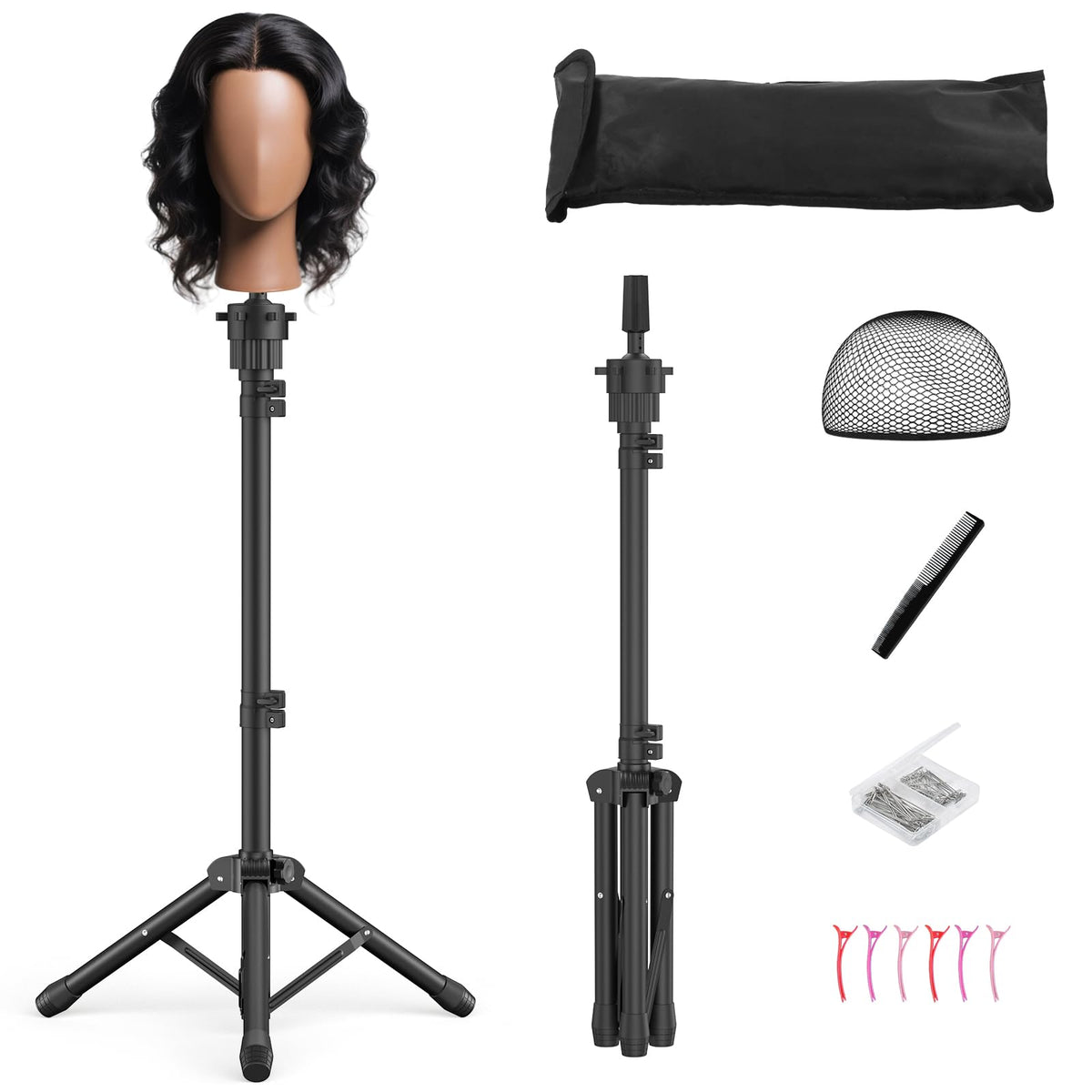 Womnwomn front view of assembled wig stand showing stability and professional use