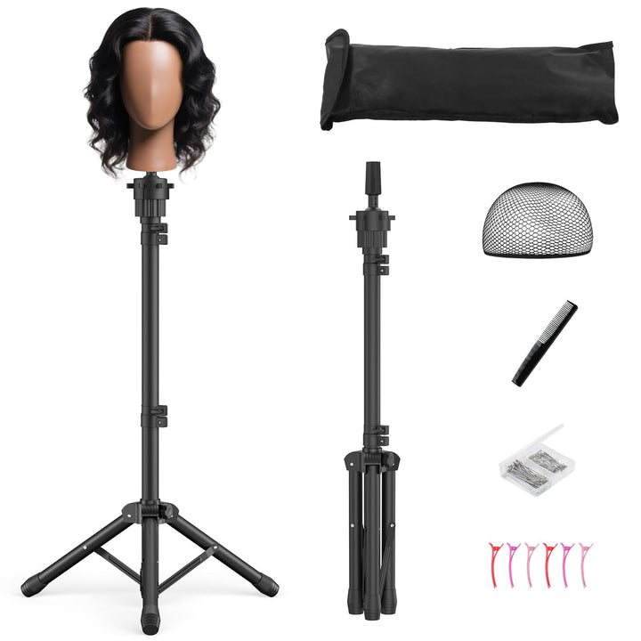 Womnwomn front view of assembled wig stand showing stability and professional use