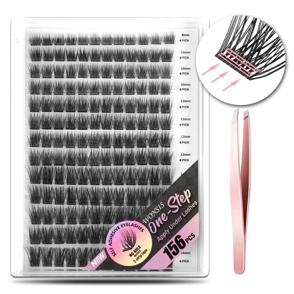 WONSIS front packaging showing 156-piece cluster lash set with mixed lengths and branding benefits