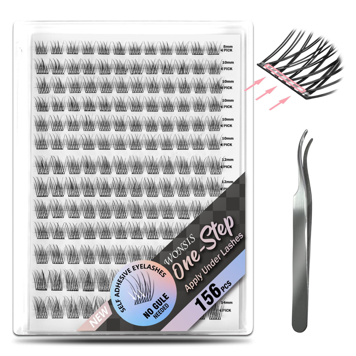 WONSIS front packaging showing 156 pre-glued clusters and mixed lengths for convenience