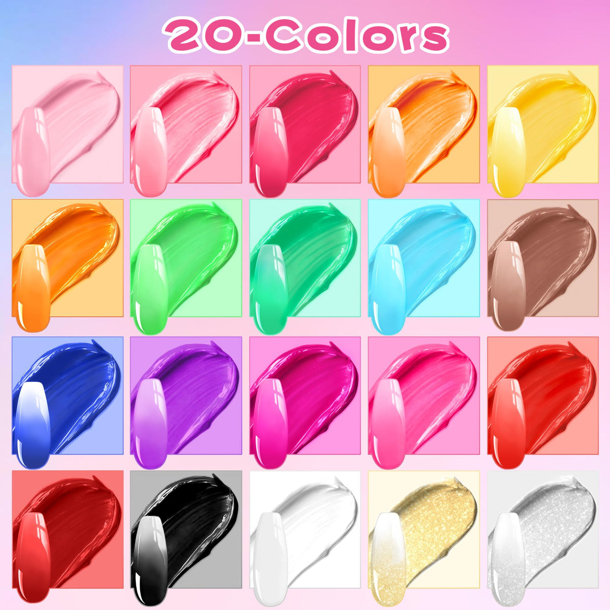 Woobena color swatch fan displaying 20 pigmented shades for mixing and layering