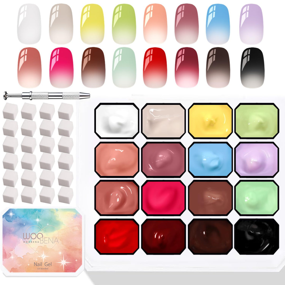 Woobena front packaging showing complete 16-color gel kit for easy ombre