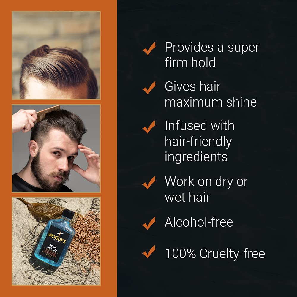 Woody's styled slick-back on model showcasing strong hold and shine