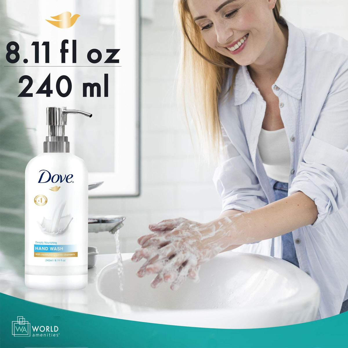 World Amenities Dove in bathroom lifestyle setting suggesting soft hands and guest-ready presentation
