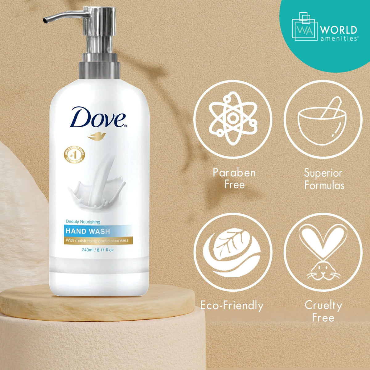 World Amenities Dove texture foam close-up demonstrating moisturizing lather and quick rinse