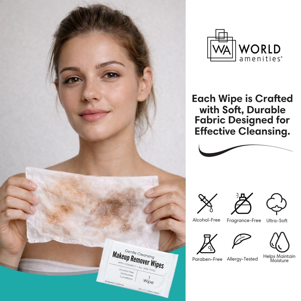 World Amenities wiping mascara from eye demonstrating effective makeup removal