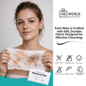 World Amenities wiping mascara from eye demonstrating effective makeup removal