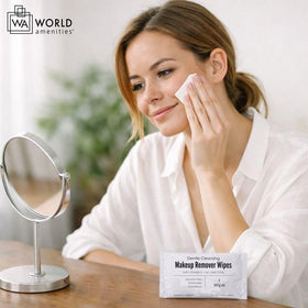 World Amenities wipe removing makeup from face showing quick dissolving action