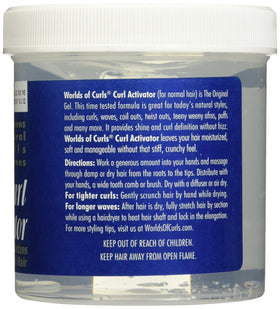 Worlds Of Curls gel applied to damp curls showing enhanced definition and reduced frizz