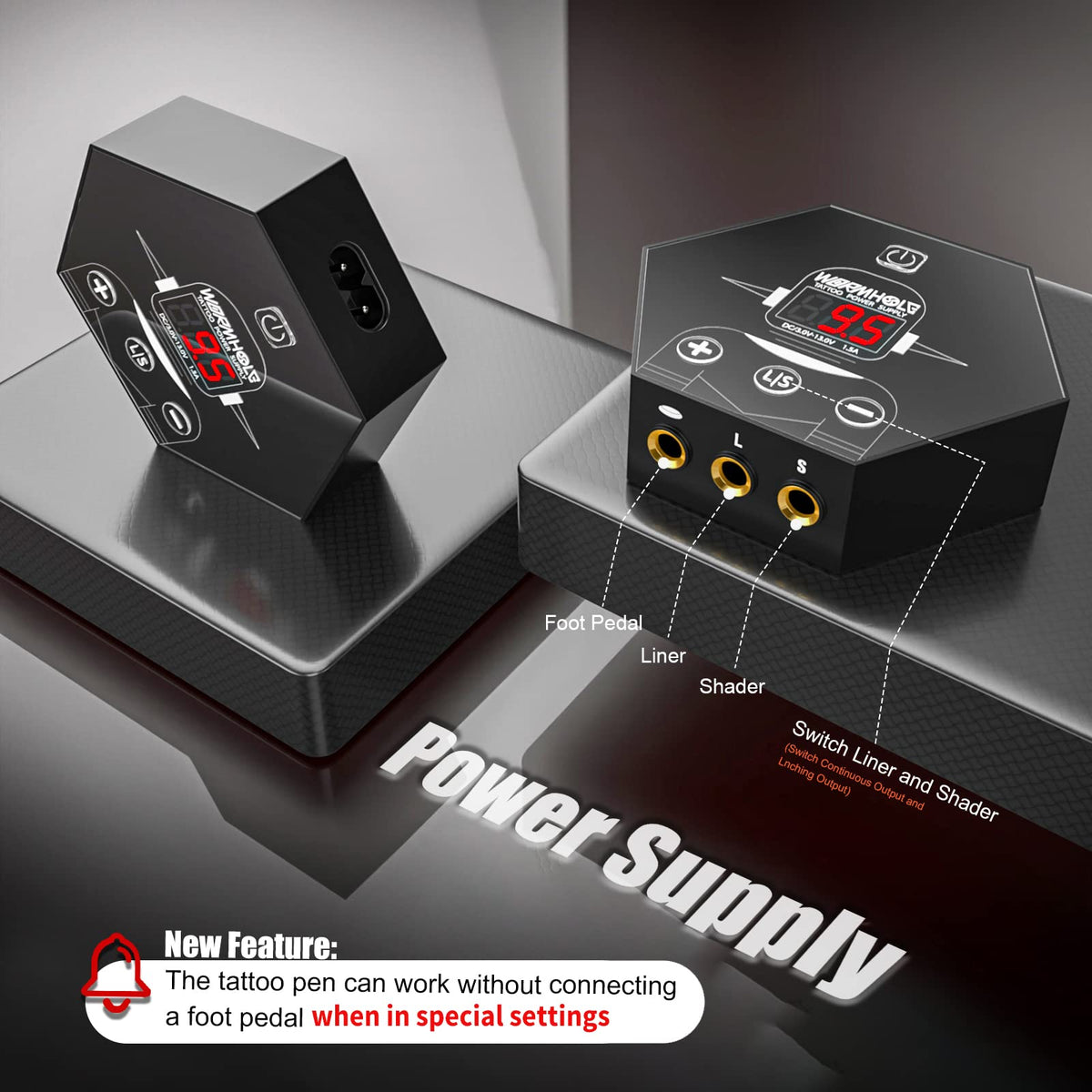 Wormhole Tattoo power supply display showing controls and safety protection