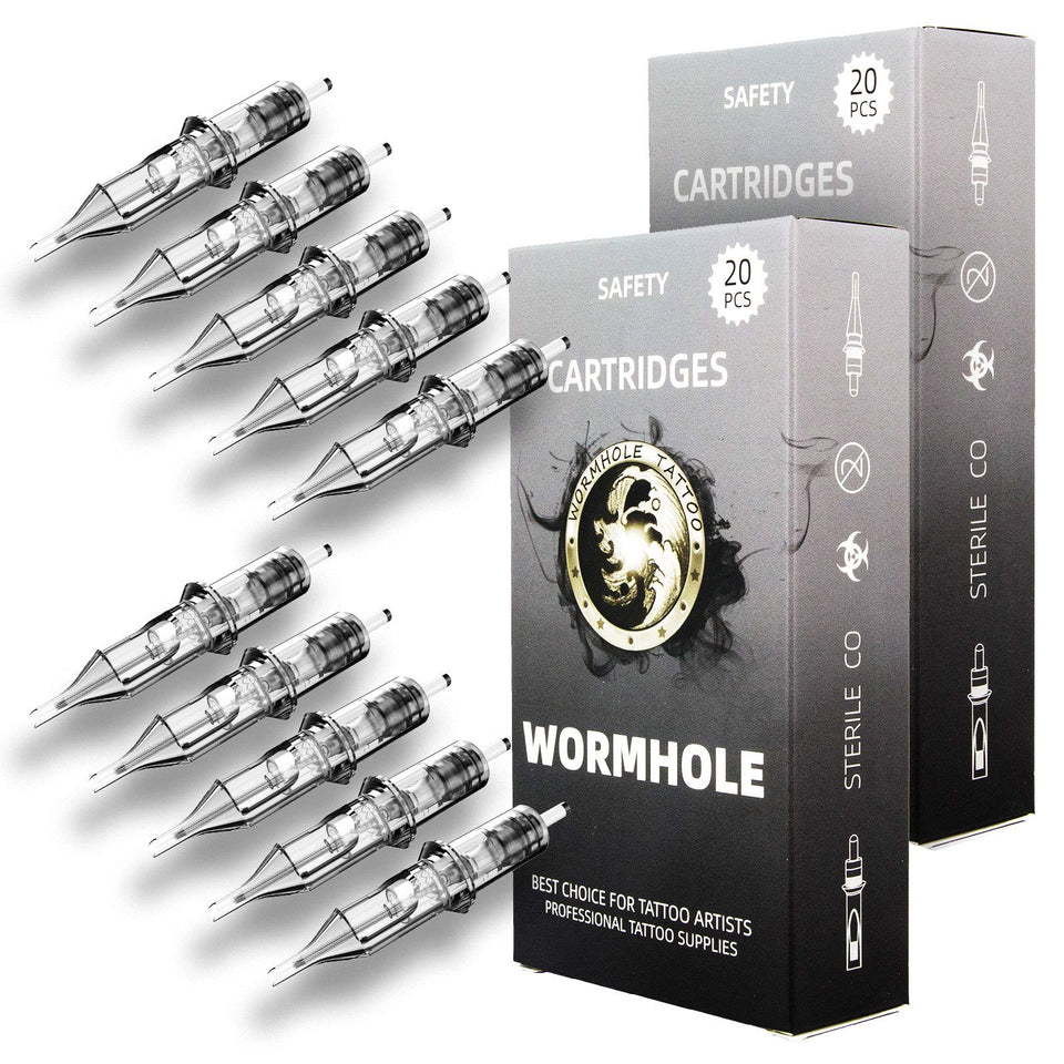 Wormhole Tattoo front packaging showing 50pcs assorted cartridges benefit rapid selection