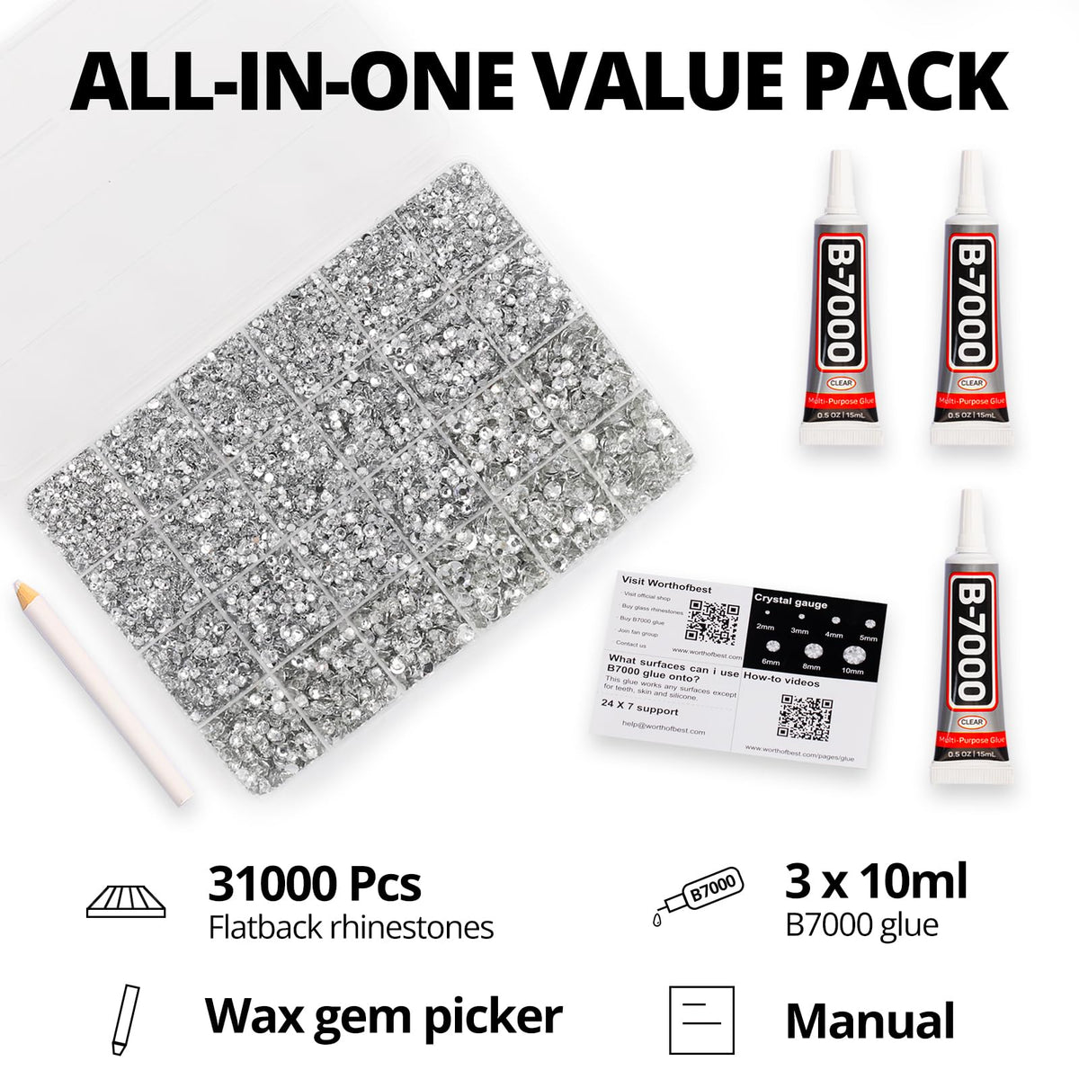 Worthofbest open 24-grid organizer with sorted rhinestones for easy access