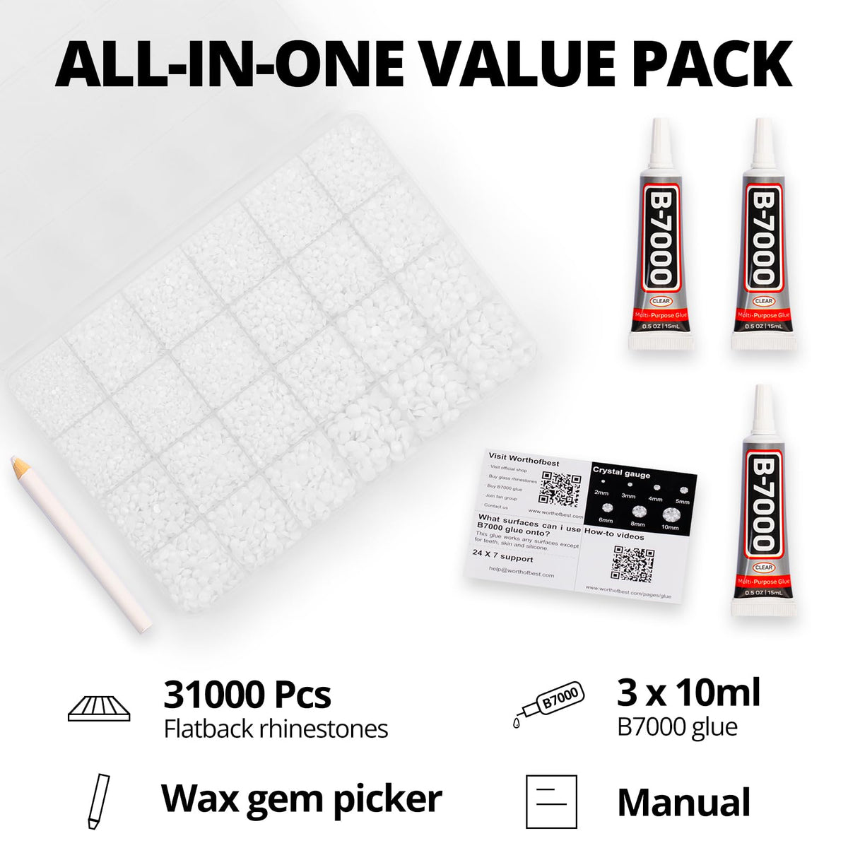 Worthofbest open 24-grid organizer revealing sorted rhinestones for quick selection