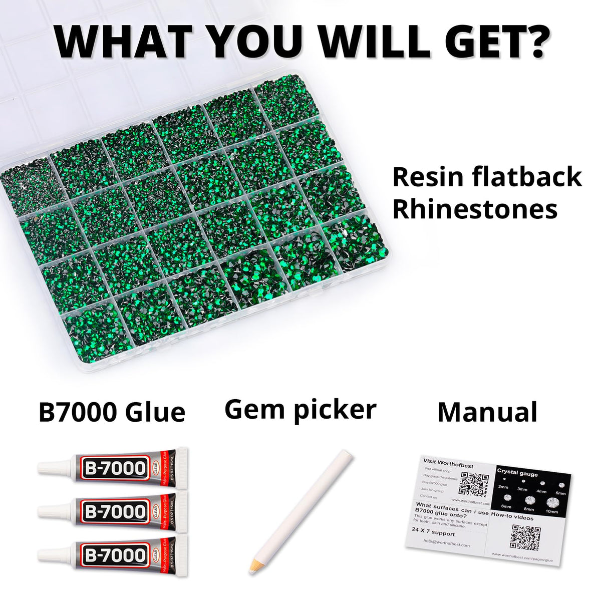 Worthofbest 24-grid organizer with sorted emerald gems for efficient craft workflow