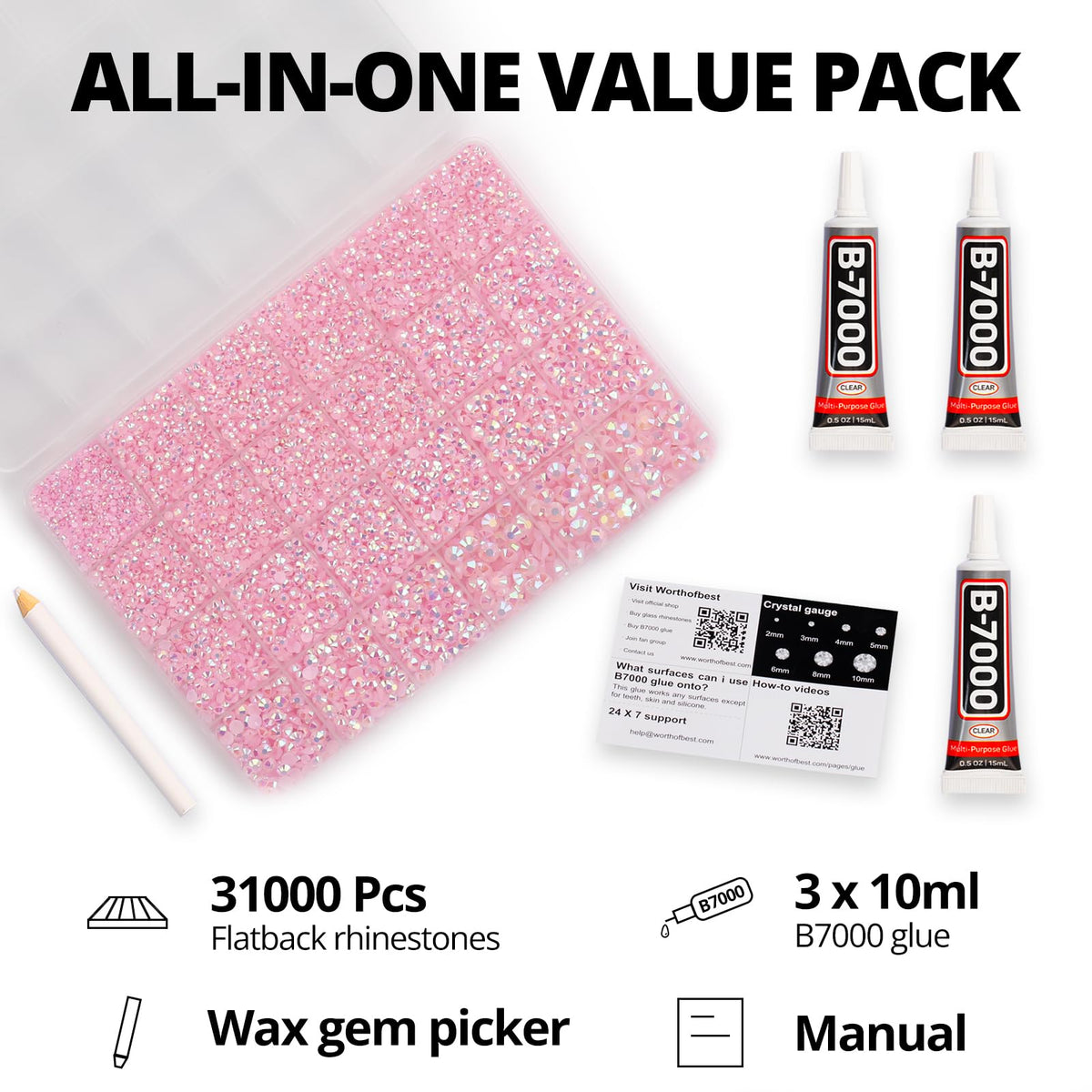 Worthofbest organized 24-grid box with mixed 2–6mm pink AB stones for quick selection