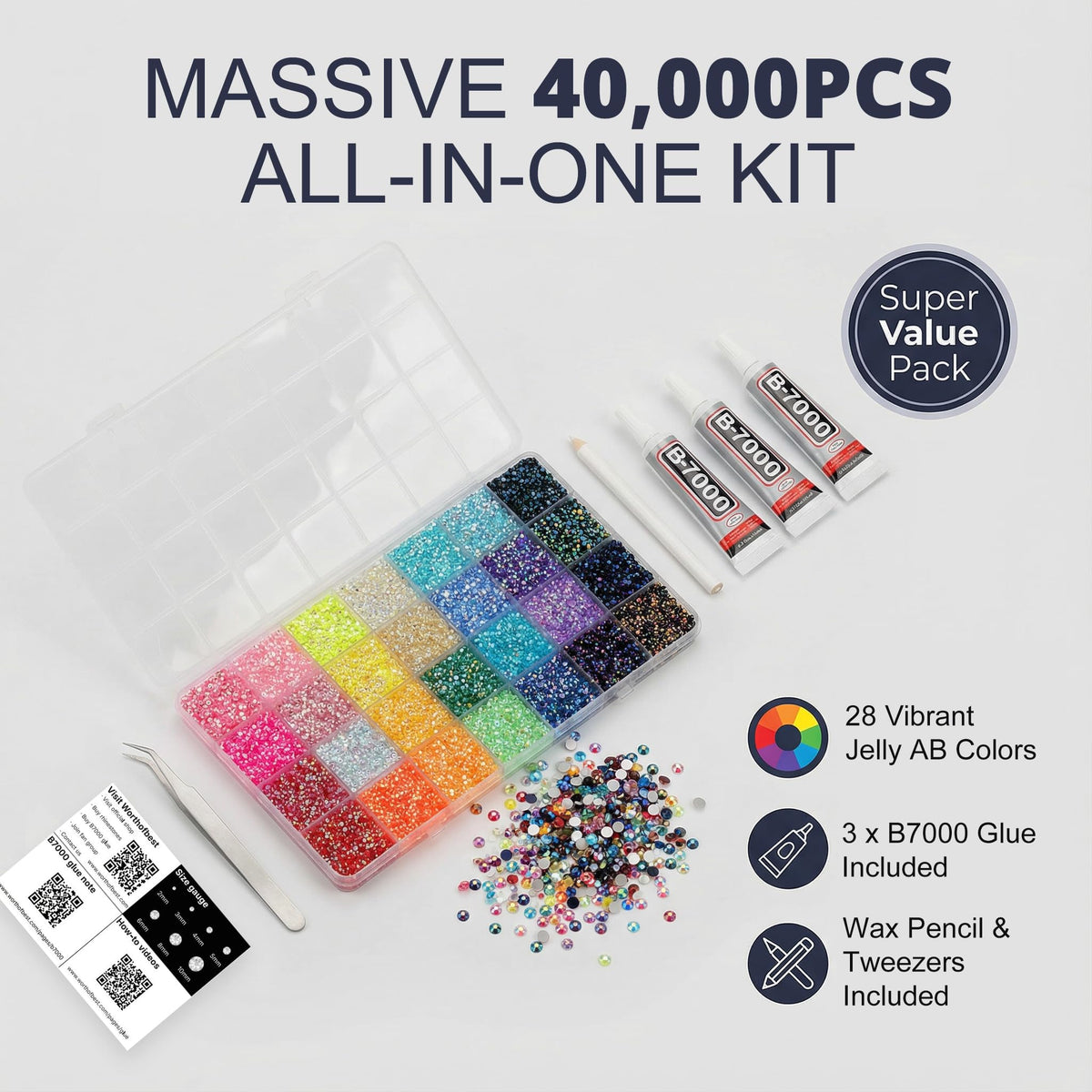 Worthofbest open 28-grid organizer with 28 jelly AB colors for fast color selection