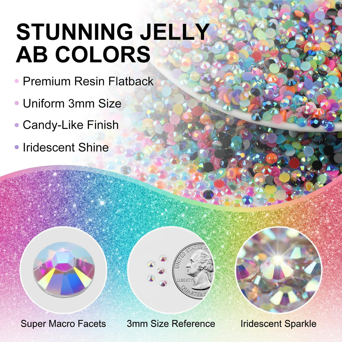 Worthofbest close-up of 3mm jelly AB rhinestones highlighting iridescent sparkle