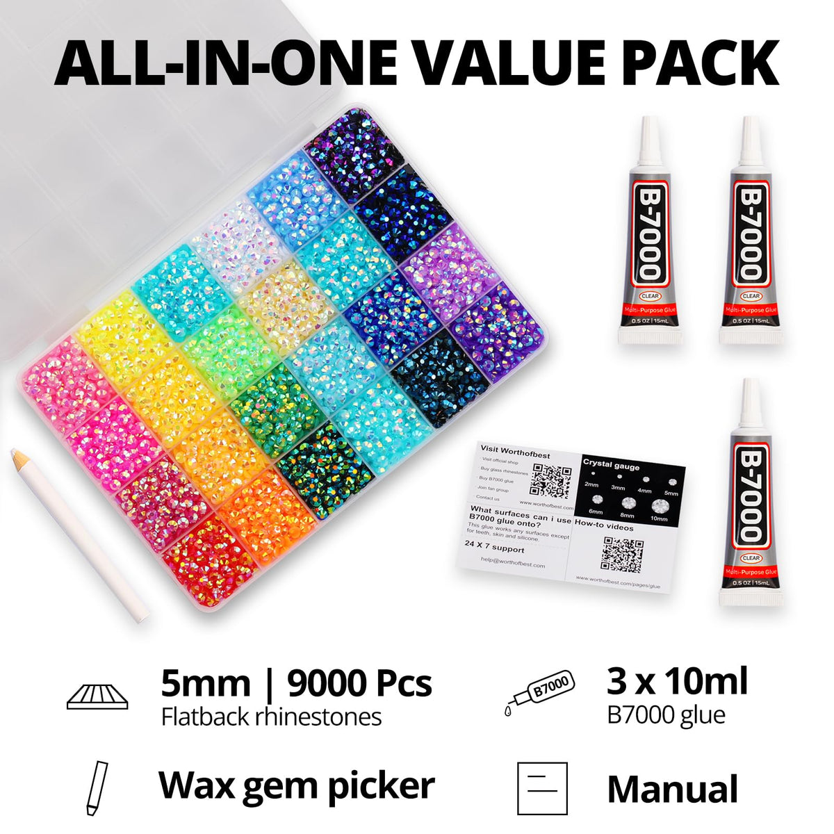 Worthofbest open 24-grid organizer with sorted jelly rainbow rhinestones, easy access and storage