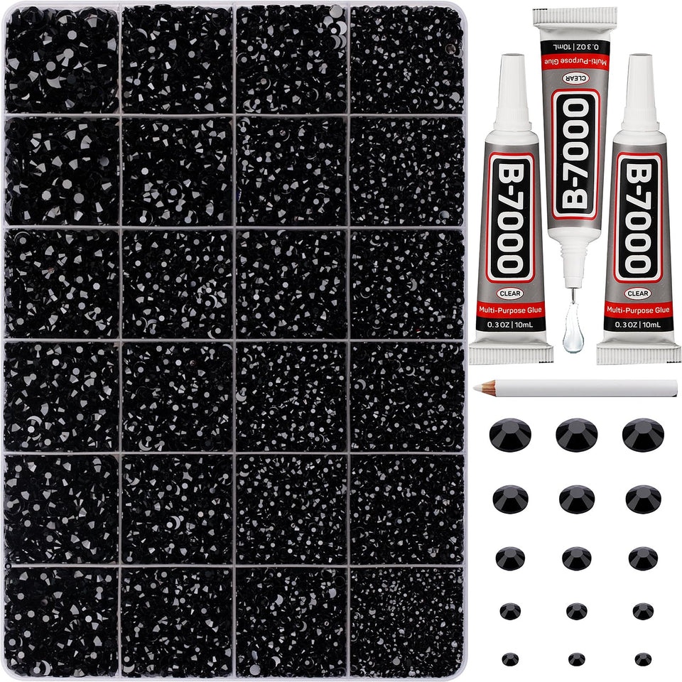 Worthofbest front packaging showing bulk black rhinestones and included tools