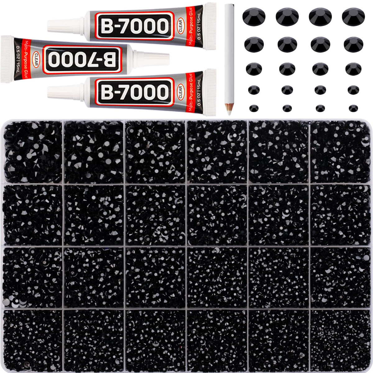 Worthofbest front packaging showing full black rhinestone kit and contents for versatile crafting