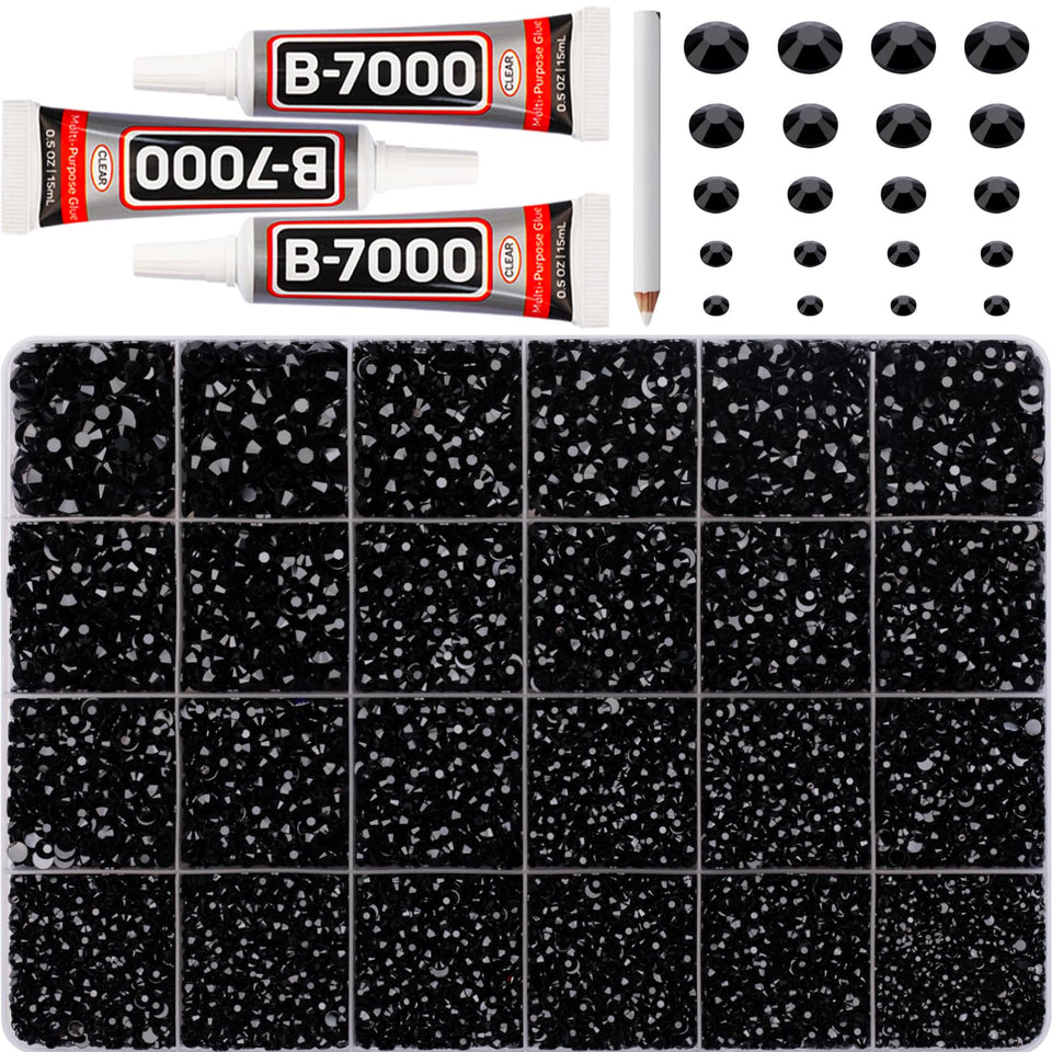 Worthofbest front packaging showing full black rhinestone kit and contents for versatile crafting